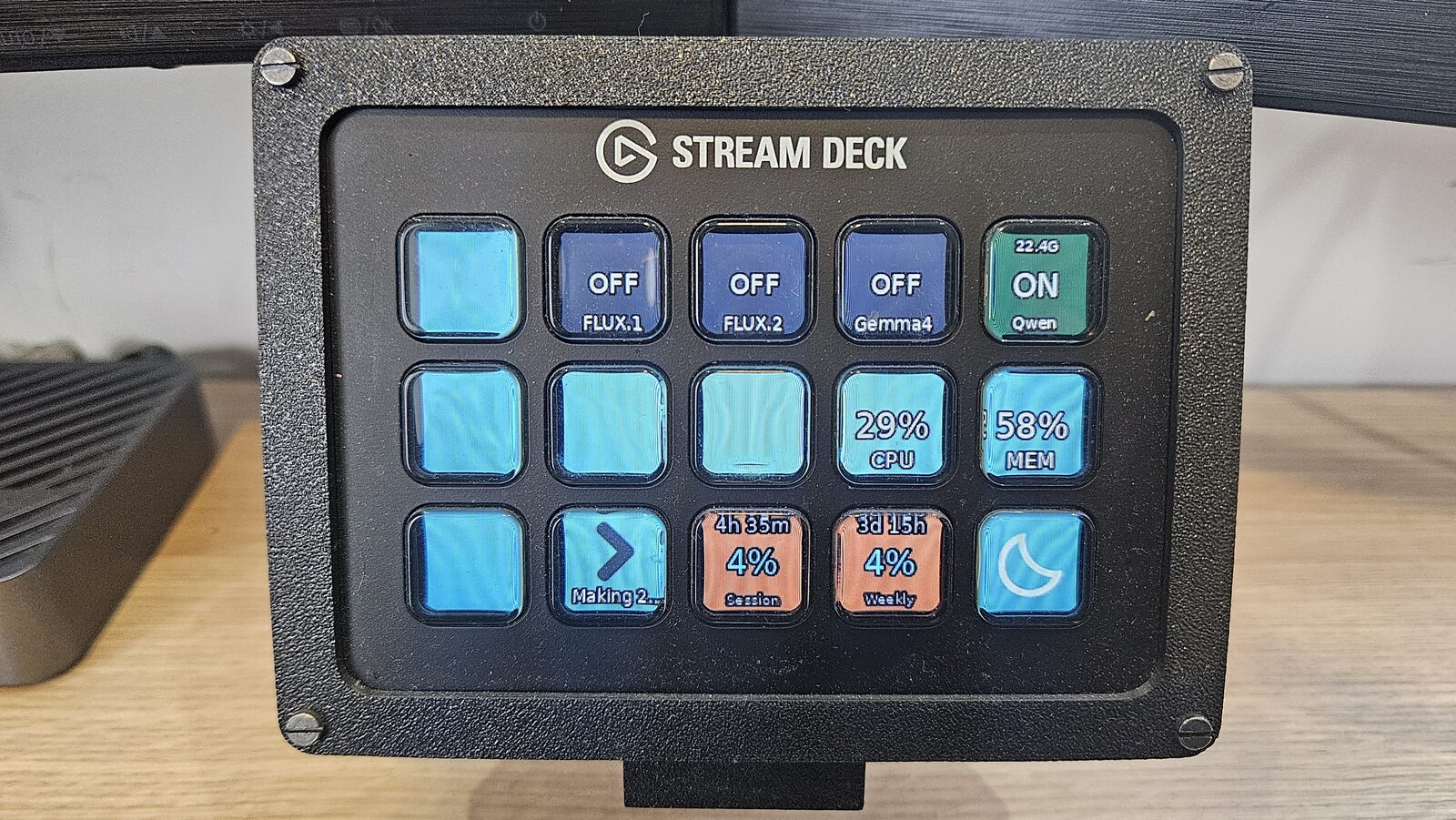Stream Deck en vivo: abajo en naranja, los dos botones de Claude (4% session, 4h 33m al reset; 4% weekly, 3d 15h al reset). Los demás son monitores de GPU/RAM y switches del homelab.